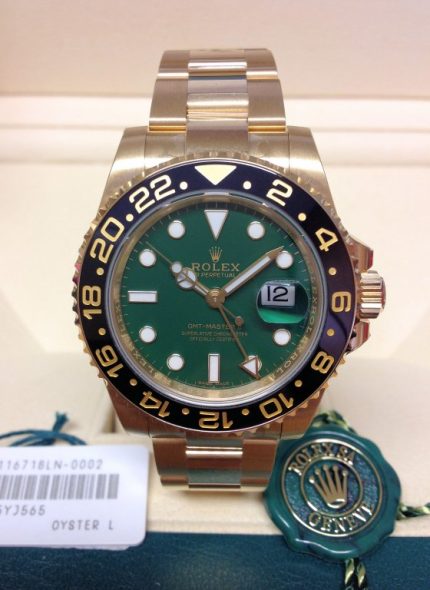 Rolex replica GMT Master II 116718LN Yellow Gold Green Dial